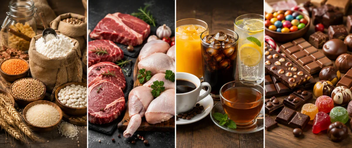 Foodist İstanbul 2026 gıda fuarında sergilenecek temel gıda, kırmızı ve beyaz et, sıcak-soğuk içecekler ile çikolata ve şekerleme ürünlerini gösteren fuar standı temalı banner görseli.