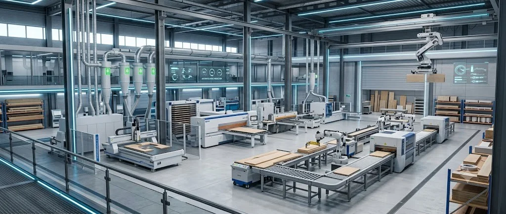 CNC makineleri, panel ebatlama, kenar bantlama ve mobilya üretim ekipmanlarının bulunduğu modern fabrika bannerı.