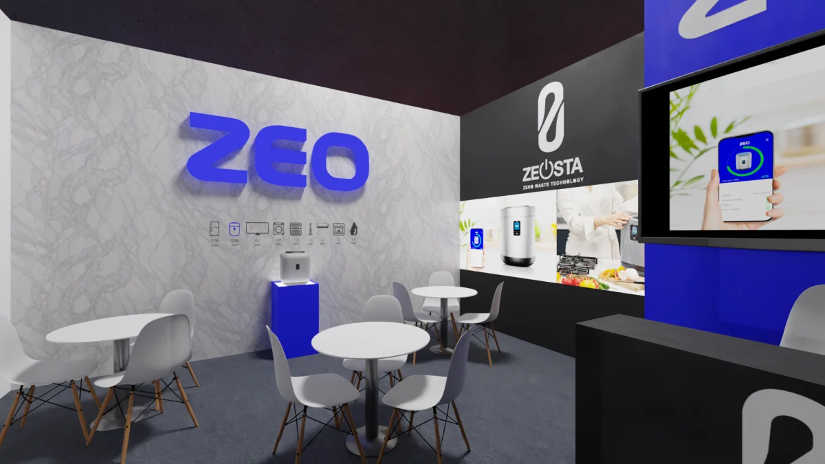 36 m² ahşap köşe stand tasarımı: mermer desenli ışıklı logo duvarı, ürün podyumu ve görüşme masaları