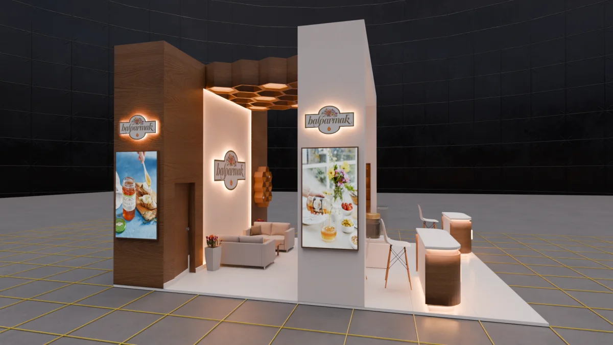 Foodist 2026 için 48 m² ahşap yarım ada stand tasarımı: beyaz portal çerçeve, altıgen petek modülleri ve dikey LED ekran
