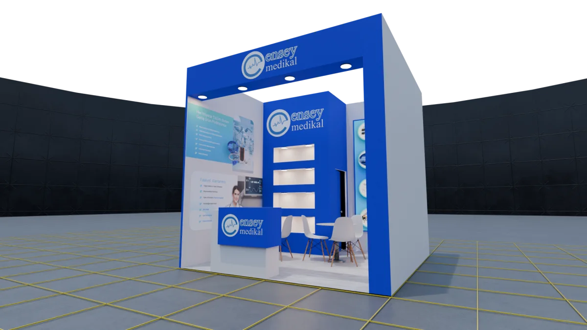 Expomed Eurasia 2026 için 16 m² ahşap tek cepheli stand tasarımı: mavi portal çerçeve, aydınlatmalı teşhir nişleri ve bilgilendirme panosu