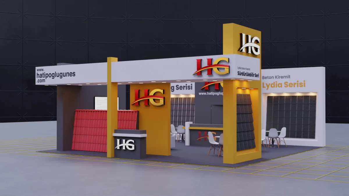 Yapı Fuarı 2026 için 100 m² ahşap yarım ada stand tasarımı: birebir ölçekli çatı uygulaması, ürün serisi teşhir duvarları ve yüksek kule totem